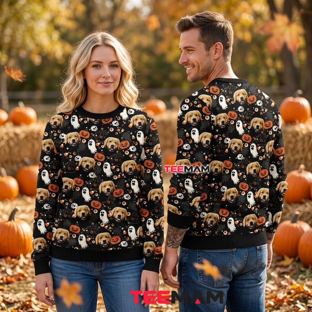 Golden Retriever Ugly Halloween Sweater Ghost Pumpkin Pattern Back Golden Retriever Ugly Halloween Sweater Ghost Pumpkin Pattern Back