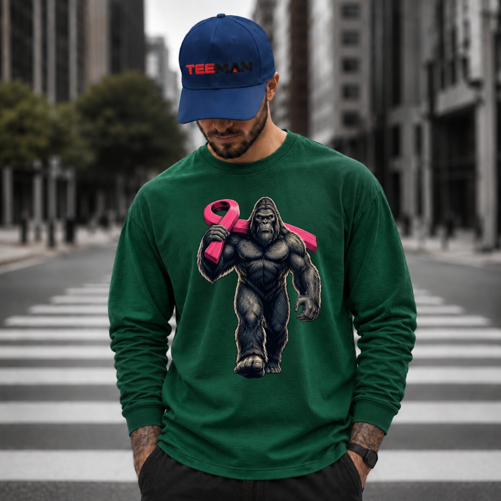 Gorilla Carrying Pink Ribbon Awareness Long Sleeve Gorilla Carrying Pink Ribbon Awareness Long Sleeve