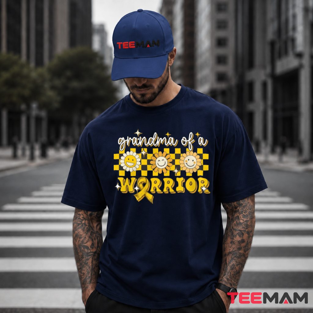Grandma Of A Warrior Sunflower Checkered Gold T-Shirt