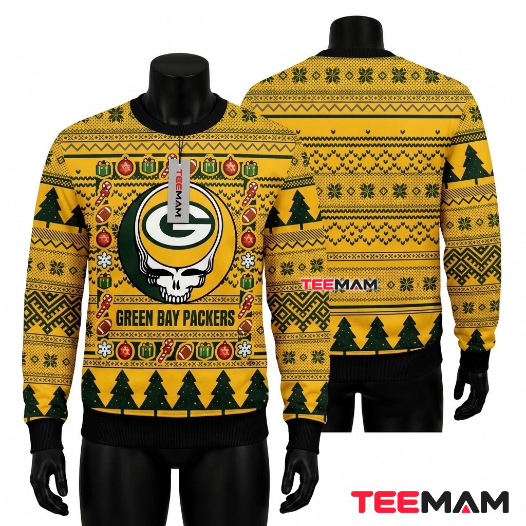 Green Bay Packers Christmas Ugly Sweater Grateful Dead Skull Design Front