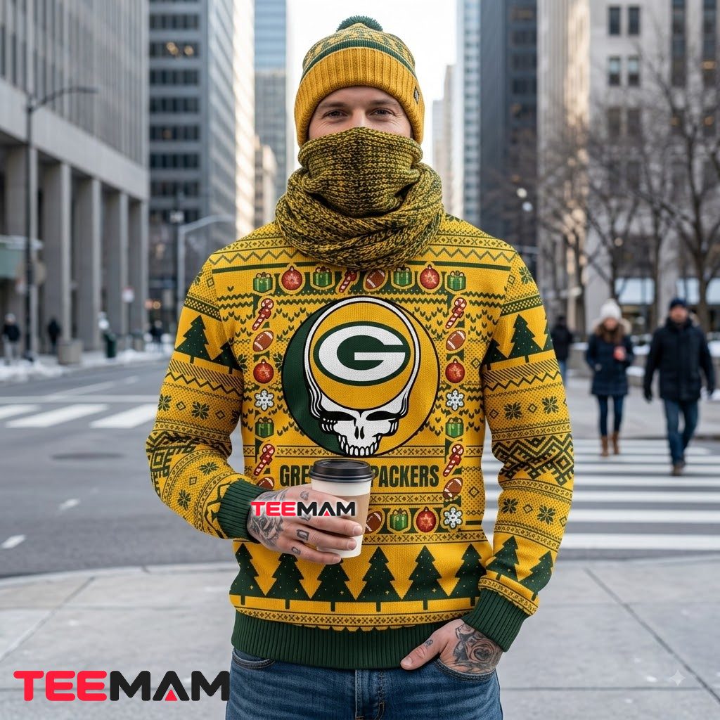 Green Bay Packers Christmas Ugly Sweater Grateful Dead Skull Design Back Green Bay Packers Christmas Ugly Sweater Grateful Dead Skull Design Back