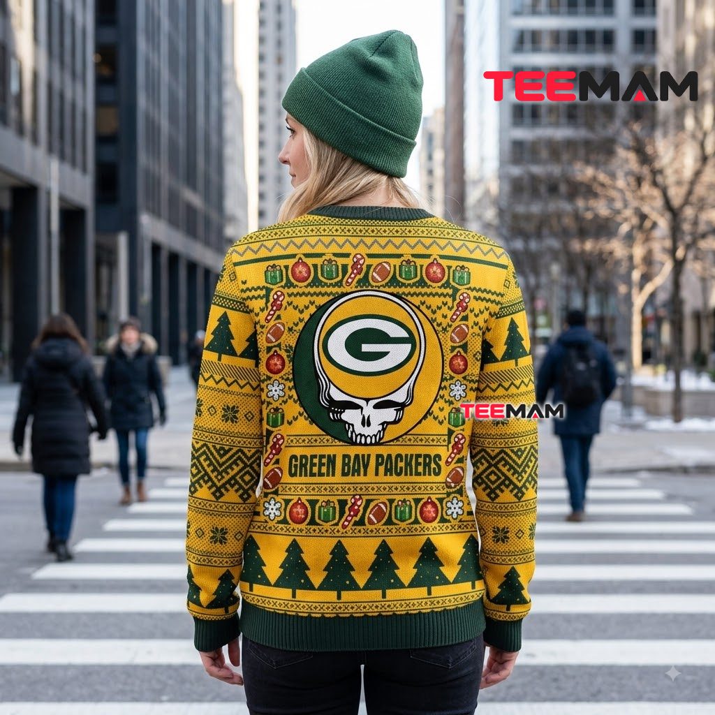 Green Bay Packers Christmas Ugly Sweater Grateful Dead Skull Design Version 3 Green Bay Packers Christmas Ugly Sweater Grateful Dead Skull Design Version 3