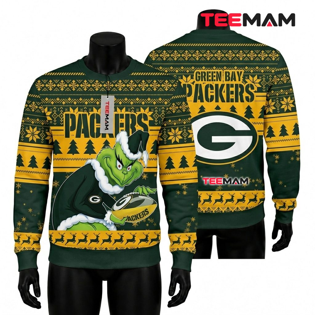 Green Bay Packers Christmas Ugly Sweater Grinch Holding Football Design Front