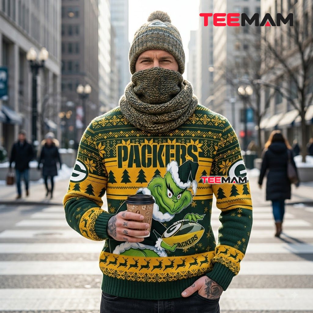 Green Bay Packers Christmas Ugly Sweater Grinch Holding Football Design Back Green Bay Packers Christmas Ugly Sweater Grinch Holding Football Design Back