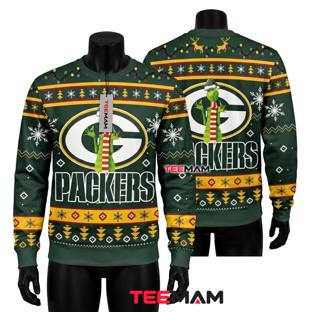 Green Bay Packers Christmas Ugly Sweater Grinch Scarf Logo Design Front