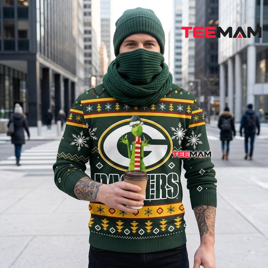Green Bay Packers Christmas Ugly Sweater Grinch Scarf Logo Design Back Green Bay Packers Christmas Ugly Sweater Grinch Scarf Logo Design Back