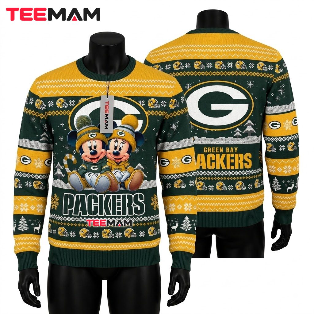 Green Bay Packers Christmas Ugly Sweater Mickey Minnie Winter Design Front