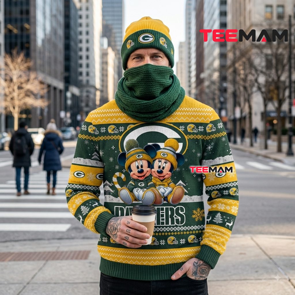 Green Bay Packers Christmas Ugly Sweater Mickey Minnie Winter Design Back Green Bay Packers Christmas Ugly Sweater Mickey Minnie Winter Design Back