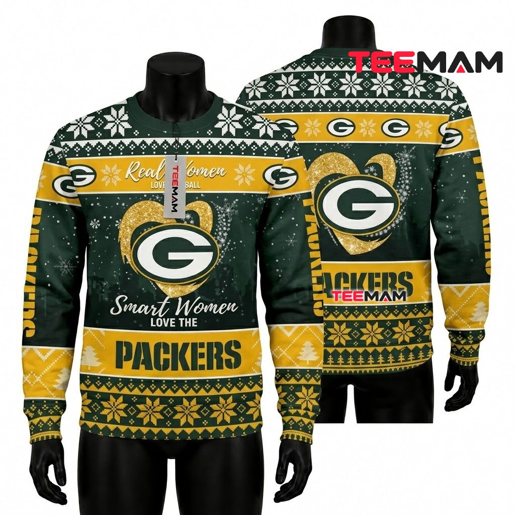 Green Bay Packers Christmas Ugly Sweater Smart Women Heart Design Front