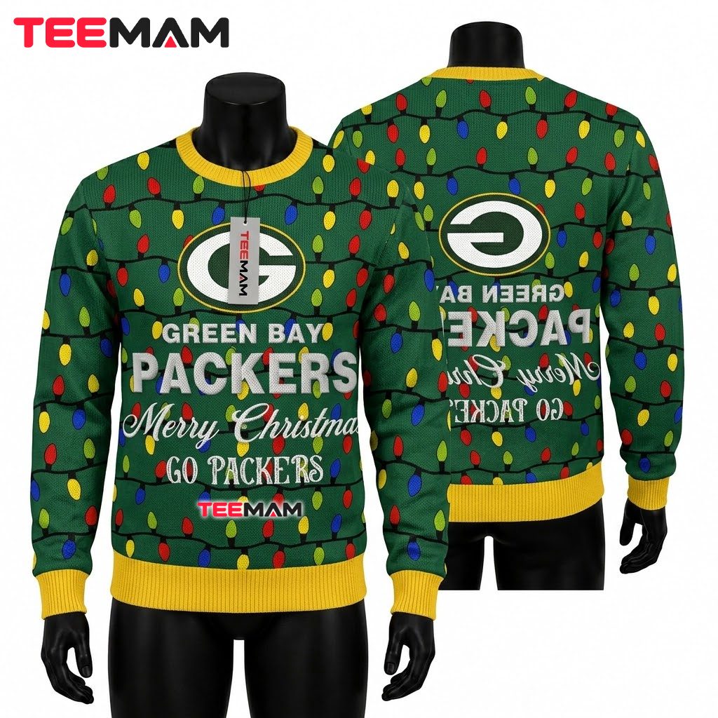 Green Bay Packers Christmas Ugly Sweater String Lights Logo Design Front