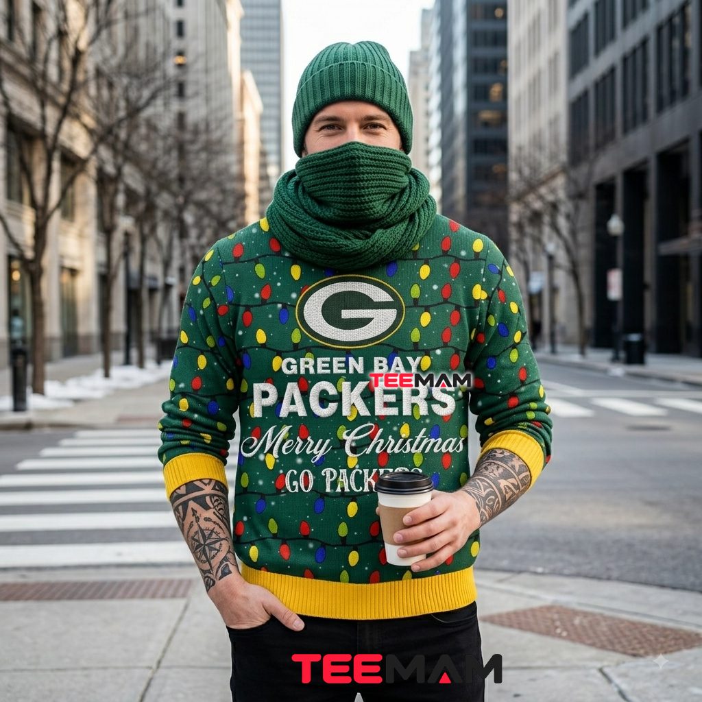 Green Bay Packers Christmas Ugly Sweater String Lights Logo Design Back Green Bay Packers Christmas Ugly Sweater String Lights Logo Design Back