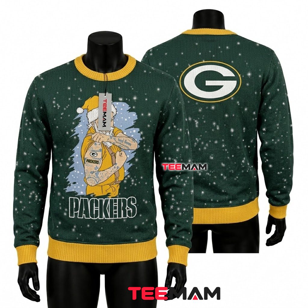 Green Bay Packers Christmas Ugly Sweater Tattooed Santa Design Front