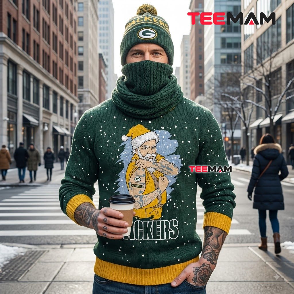 Green Bay Packers Christmas Ugly Sweater Tattooed Santa Design Back Green Bay Packers Christmas Ugly Sweater Tattooed Santa Design Back