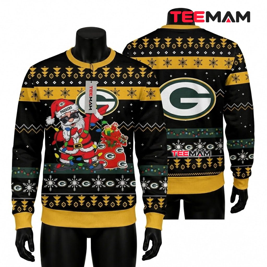 Green Bay Packers Ugly Christmas Sweater Cool Santa Gift Bag Design Front