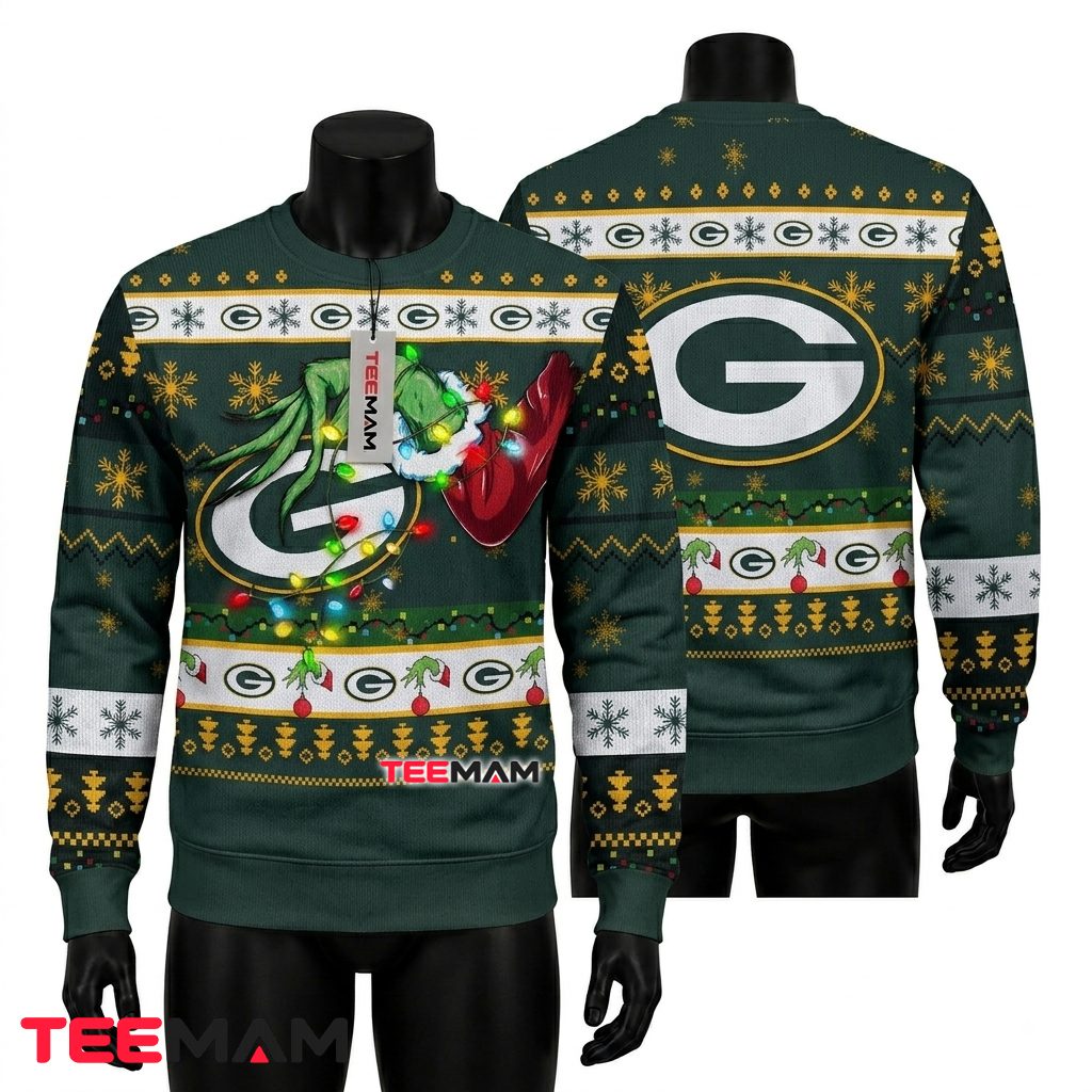 Green Bay Packers Ugly Christmas Sweater Grinch Hand Lights Design Front