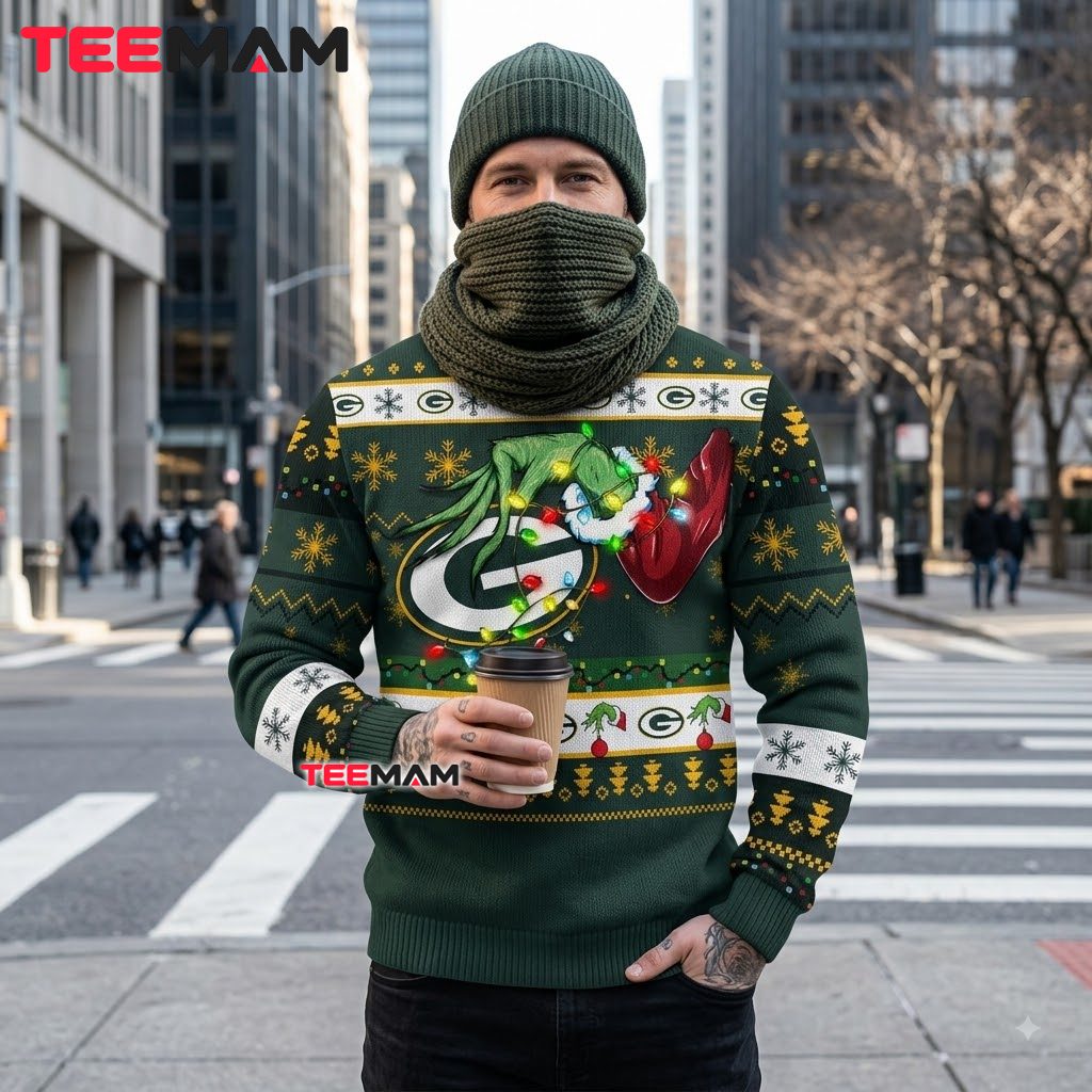 Green Bay Packers Ugly Christmas Sweater Grinch Hand Lights Design Back Green Bay Packers Ugly Christmas Sweater Grinch Hand Lights Design Back