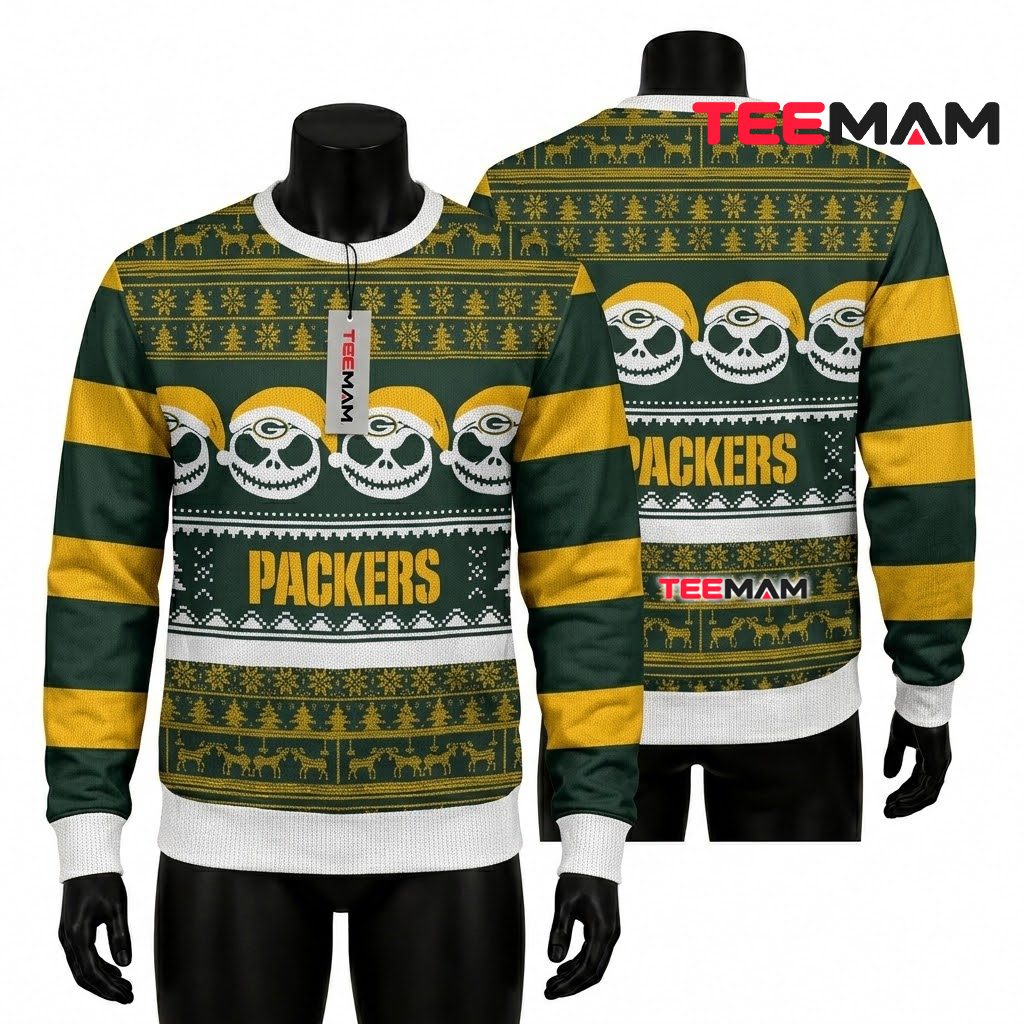 Green Bay Packers Ugly Christmas Sweater Jack Skellington Skull Design Front