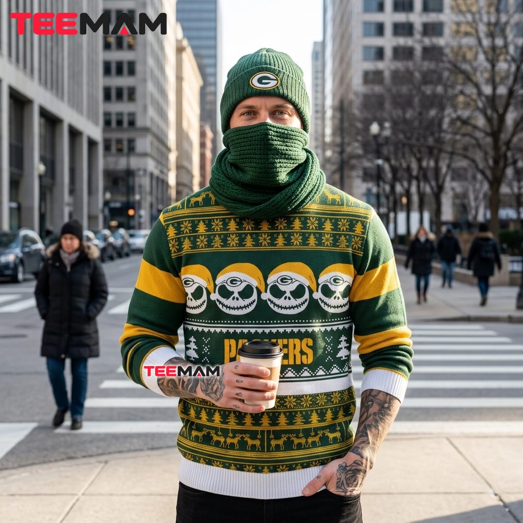 Green Bay Packers Ugly Christmas Sweater Jack Skellington Skull Design Back Green Bay Packers Ugly Christmas Sweater Jack Skellington Skull Design Back
