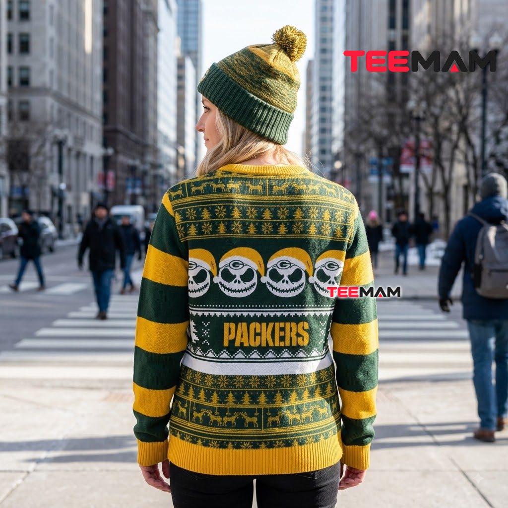 Green Bay Packers Ugly Christmas Sweater Jack Skellington Skull Design Version 3 Green Bay Packers Ugly Christmas Sweater Jack Skellington Skull Design Version 3