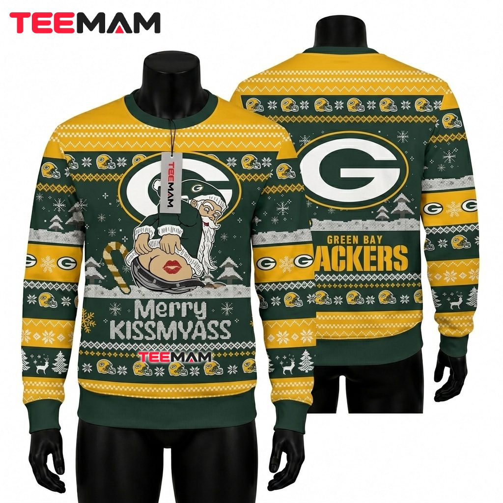 Green Bay Packers Ugly Christmas Sweater Merry Kiss My Ass Design Front