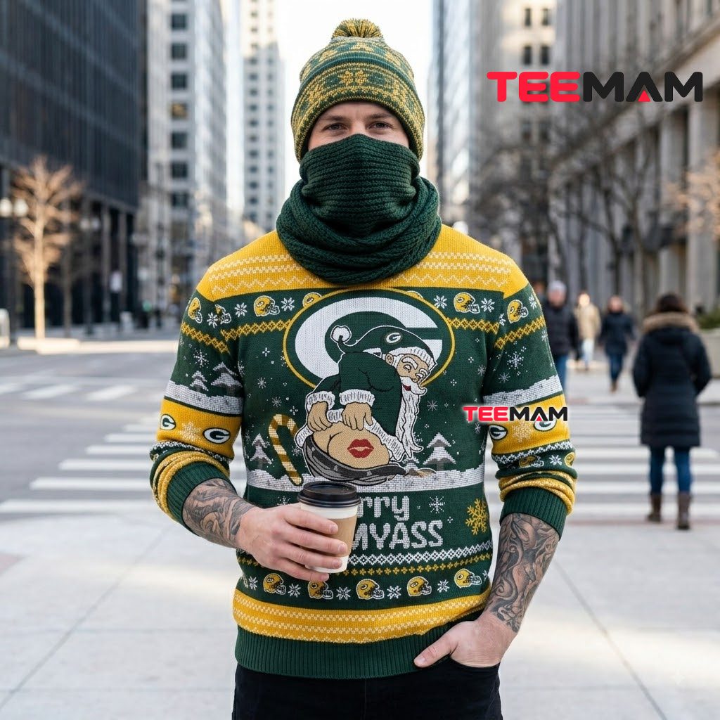 Green Bay Packers Ugly Christmas Sweater Merry Kiss My Ass Design Back Green Bay Packers Ugly Christmas Sweater Merry Kiss My Ass Design Back