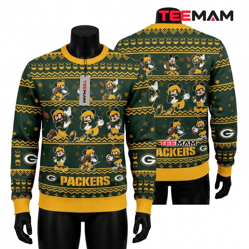 Green Bay Packers Ugly Christmas Sweater Mickey Mouse Player Design Front
