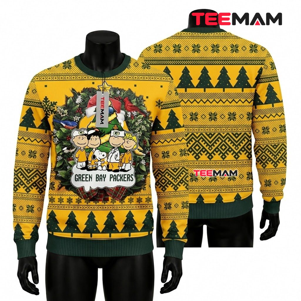 Green Bay Packers Ugly Christmas Sweater Peanuts Gang Tree Design Front