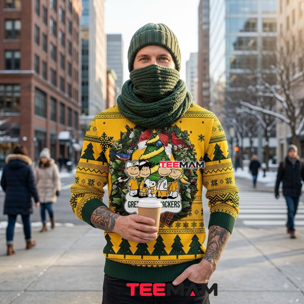 Green Bay Packers Ugly Christmas Sweater Peanuts Gang Tree Design Back Green Bay Packers Ugly Christmas Sweater Peanuts Gang Tree Design Back
