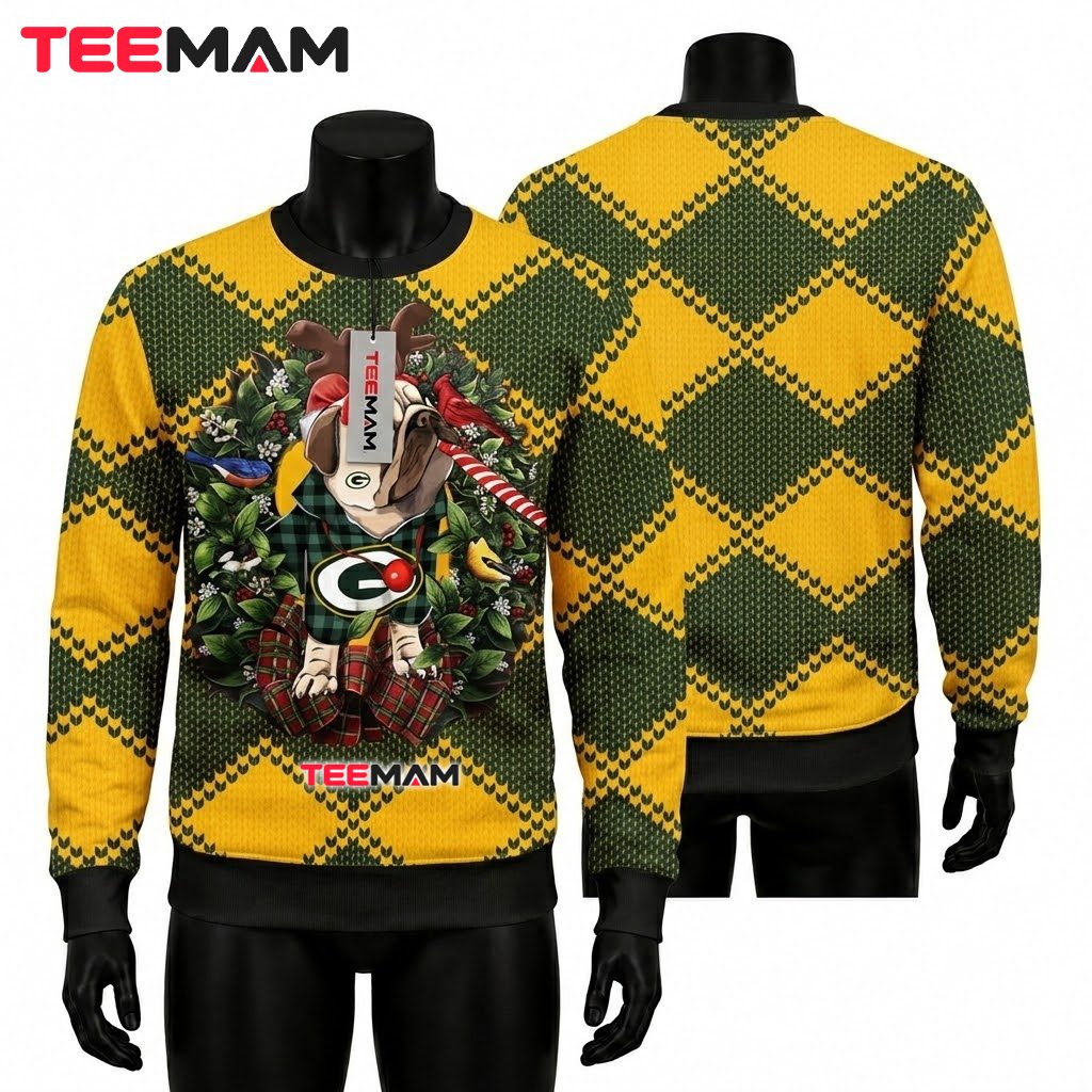 Green Bay Packers Ugly Christmas Sweater Reindeer Pug Wreath Design Front