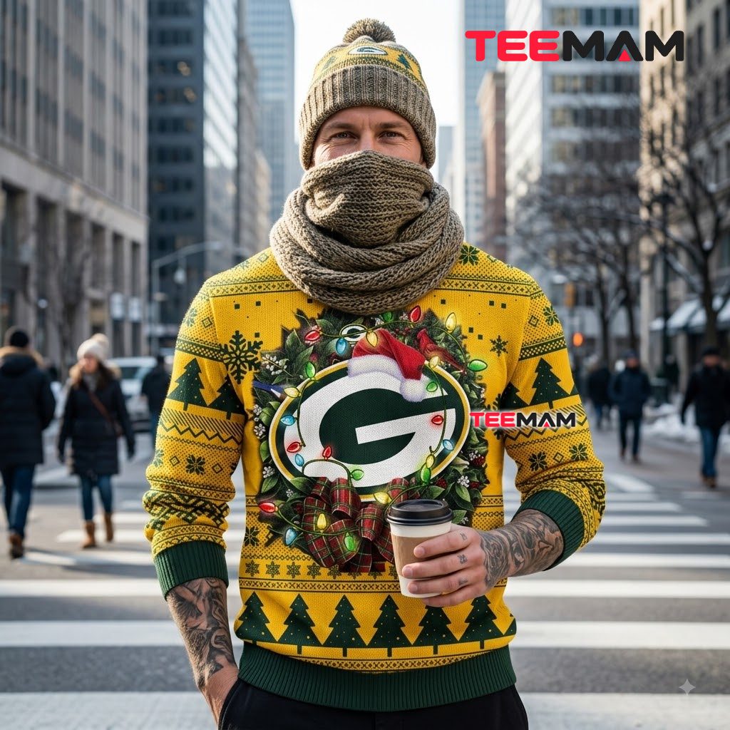 Green Bay Packers Ugly Christmas Sweater Santa Hat Wreath Design Back Green Bay Packers Ugly Christmas Sweater Santa Hat Wreath Design Back