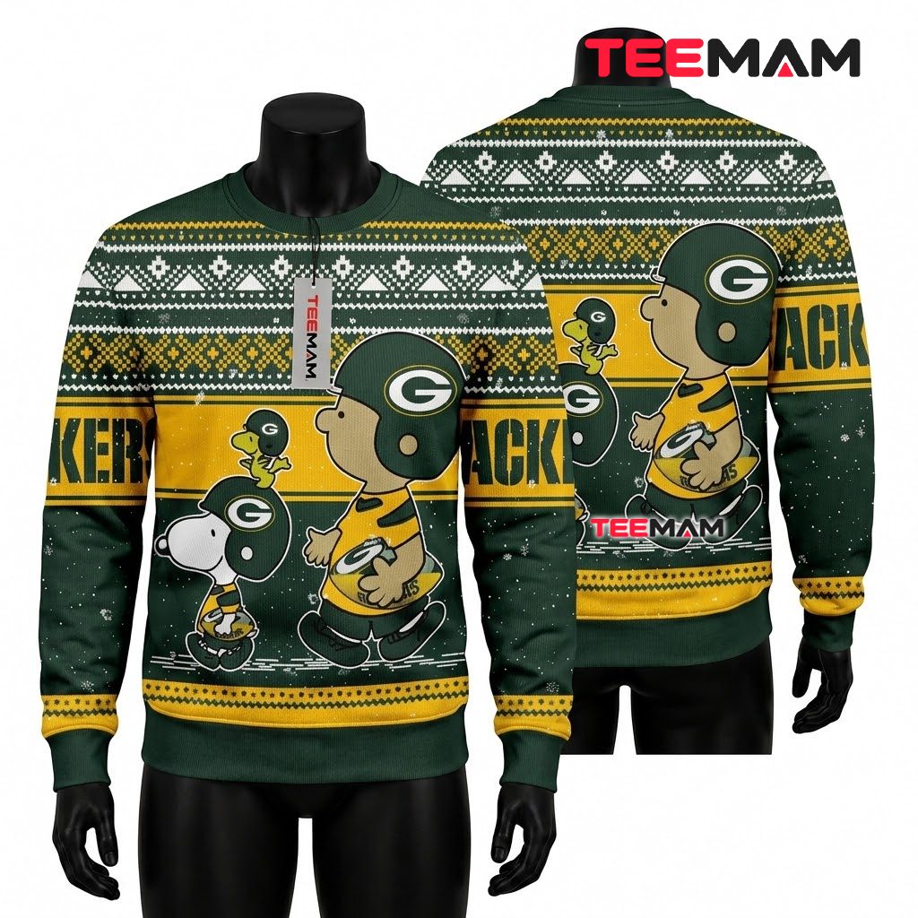 Green Bay Packers Ugly Christmas Sweater Snoopy Charlie Brown Design Front