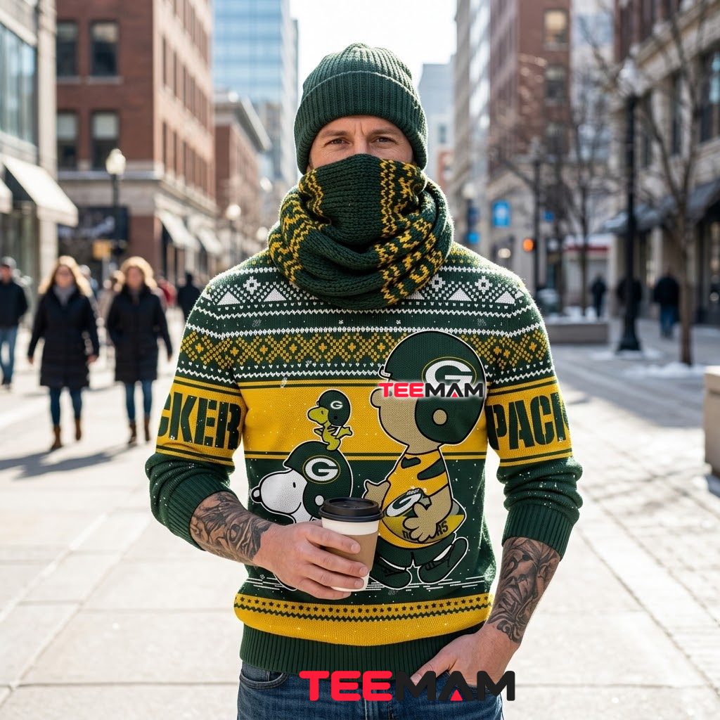 Green Bay Packers Ugly Christmas Sweater Snoopy Charlie Brown Design Back Green Bay Packers Ugly Christmas Sweater Snoopy Charlie Brown Design Back