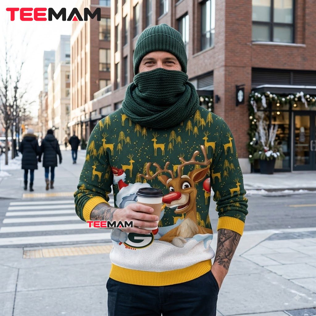 Green Bay Packers Ugly Christmas Sweater Snowman Reindeer Friends Design Back Green Bay Packers Ugly Christmas Sweater Snowman Reindeer Friends Design Back