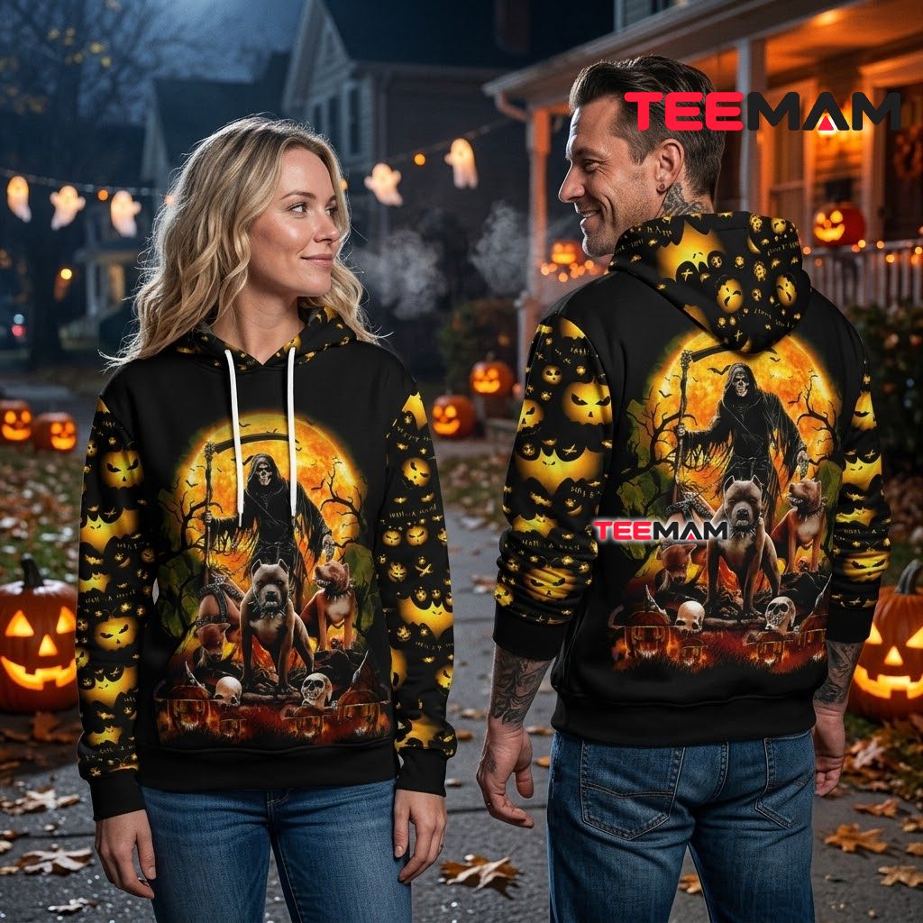 Grim Reaper Pitbull Halloween 3D Hoodie Back Grim Reaper Pitbull Halloween 3D Hoodie Back