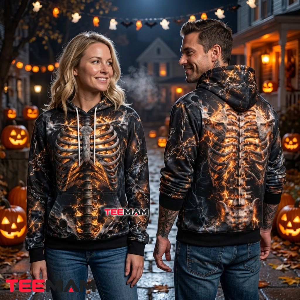 Halloween 3D Hoodie Fiery Skeleton Ribcage Back Halloween 3D Hoodie Fiery Skeleton Ribcage Back