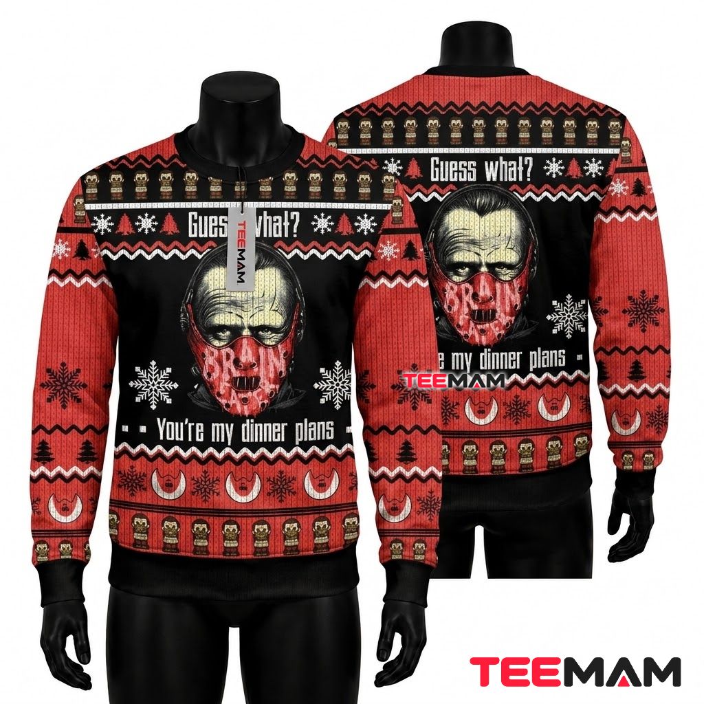 Hannibal Lecter Ugly Halloween Sweater Dinner Plans Mask Front