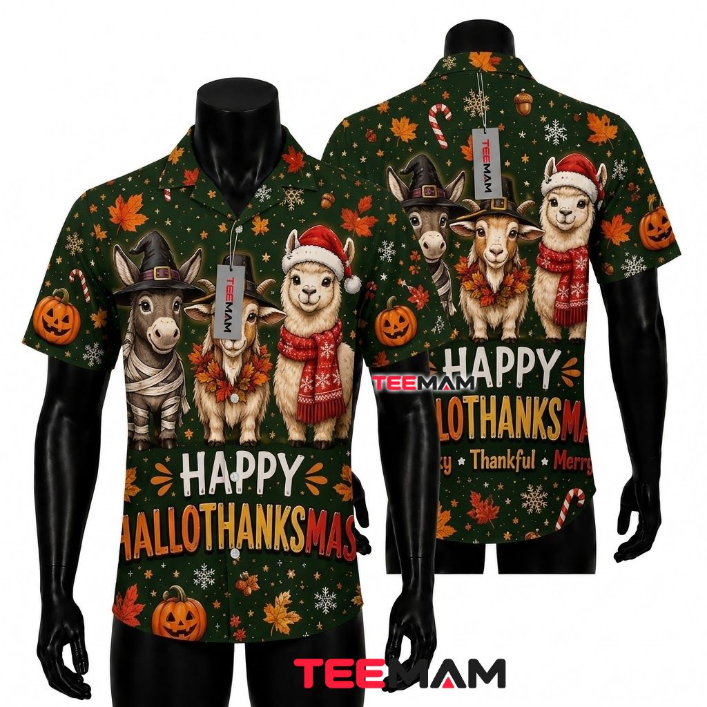 Happy Hallothanksmas Hawaiian Shirt Farm Animals Halloween Christmas Front