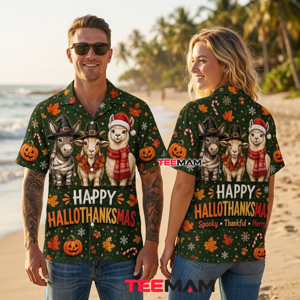 Happy Hallothanksmas Hawaiian Shirt Farm Animals Halloween Christmas Back Happy Hallothanksmas Hawaiian Shirt Farm Animals Halloween Christmas Back