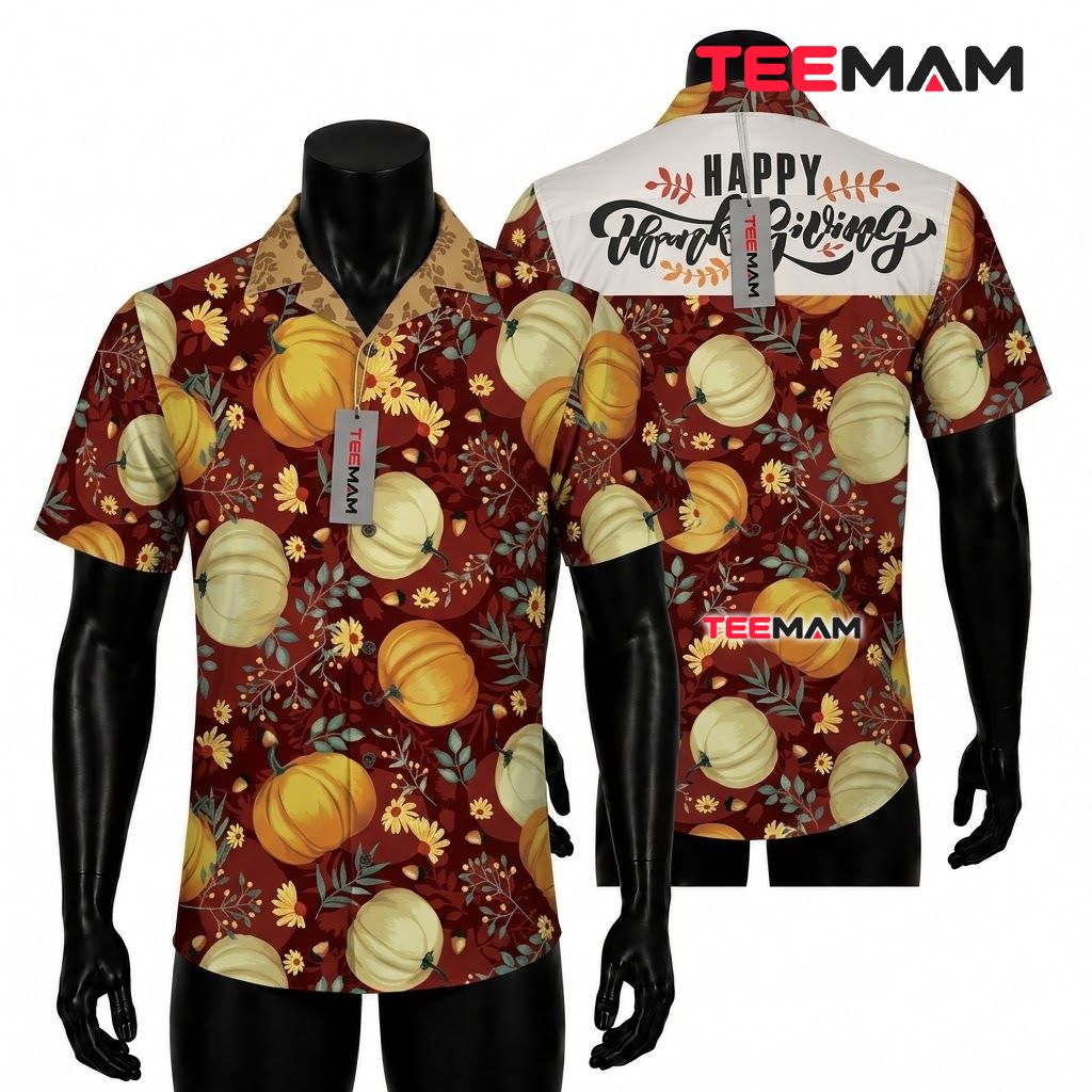 Happy Thanksgiving Hawaiian Shirt Pumpkin Floral Burgundy Front