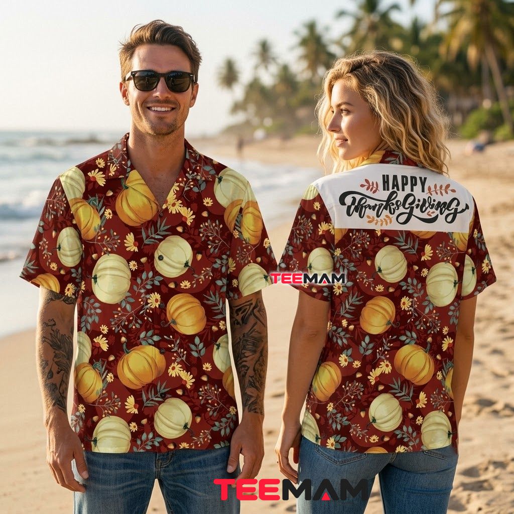 Happy Thanksgiving Hawaiian Shirt Pumpkin Floral Burgundy Back Happy Thanksgiving Hawaiian Shirt Pumpkin Floral Burgundy Back