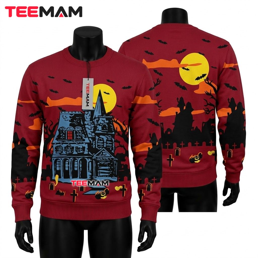 Haunted House Ugly Halloween Sweater Graveyard Sunset Print Front
