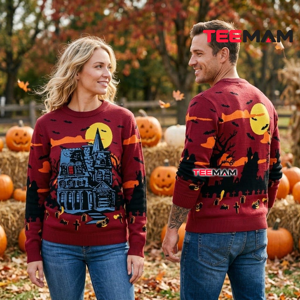 Haunted House Ugly Halloween Sweater Graveyard Sunset Print Back Haunted House Ugly Halloween Sweater Graveyard Sunset Print Back