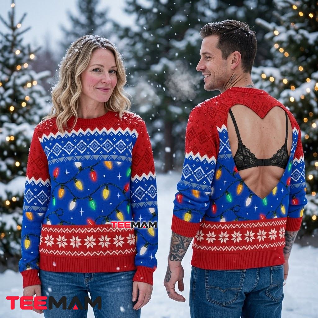 Heart Cutout Funny Ugly Christmas Sweater Red Blue Light Print