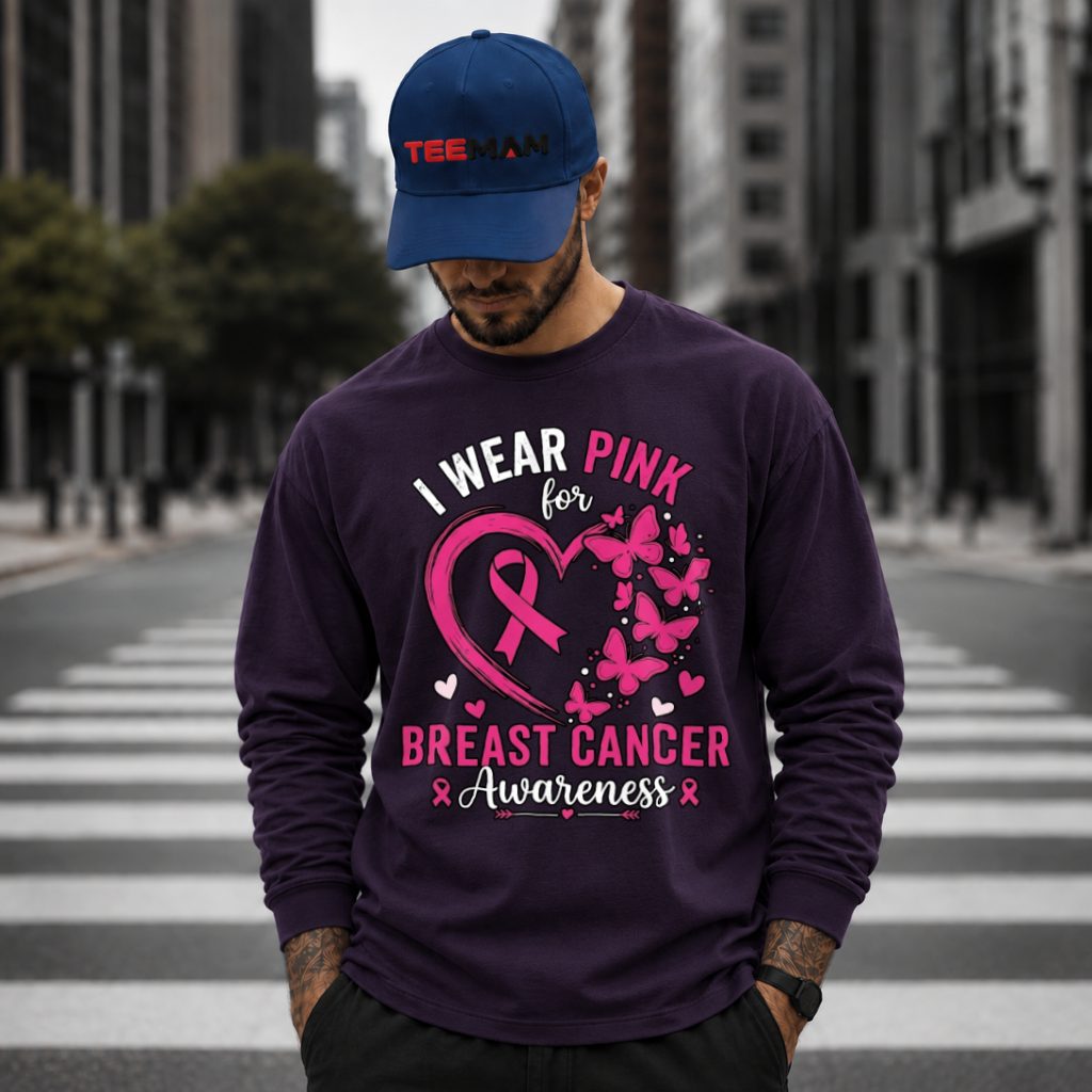 Heart Ribbon Butterflies I Wear Pink Long Sleeve Heart Ribbon Butterflies I Wear Pink Long Sleeve