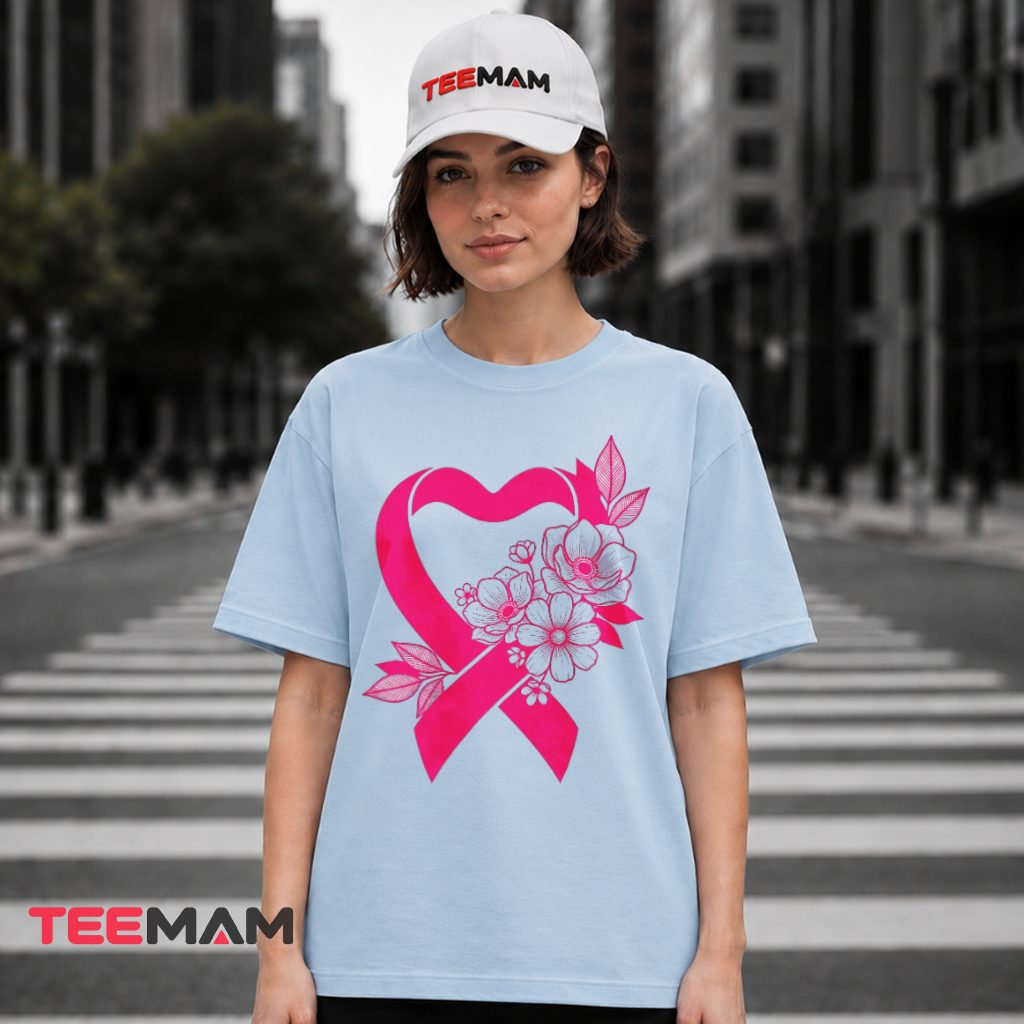 Heart Shaped Ribbon Floral Breast Cancer T-Shirt