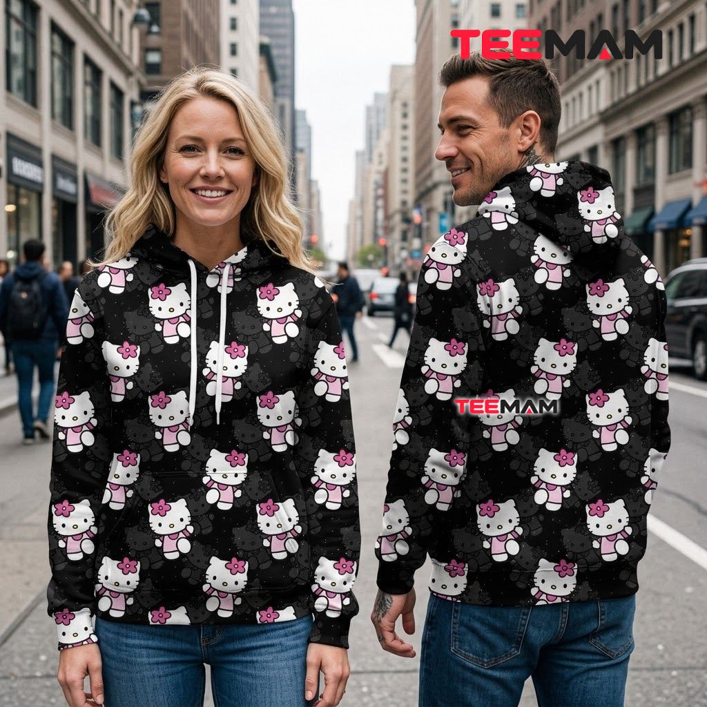 Hello Kitty 3D Hoodie Black Pattern Pink Bow Back Hello Kitty 3D Hoodie Black Pattern Pink Bow Back