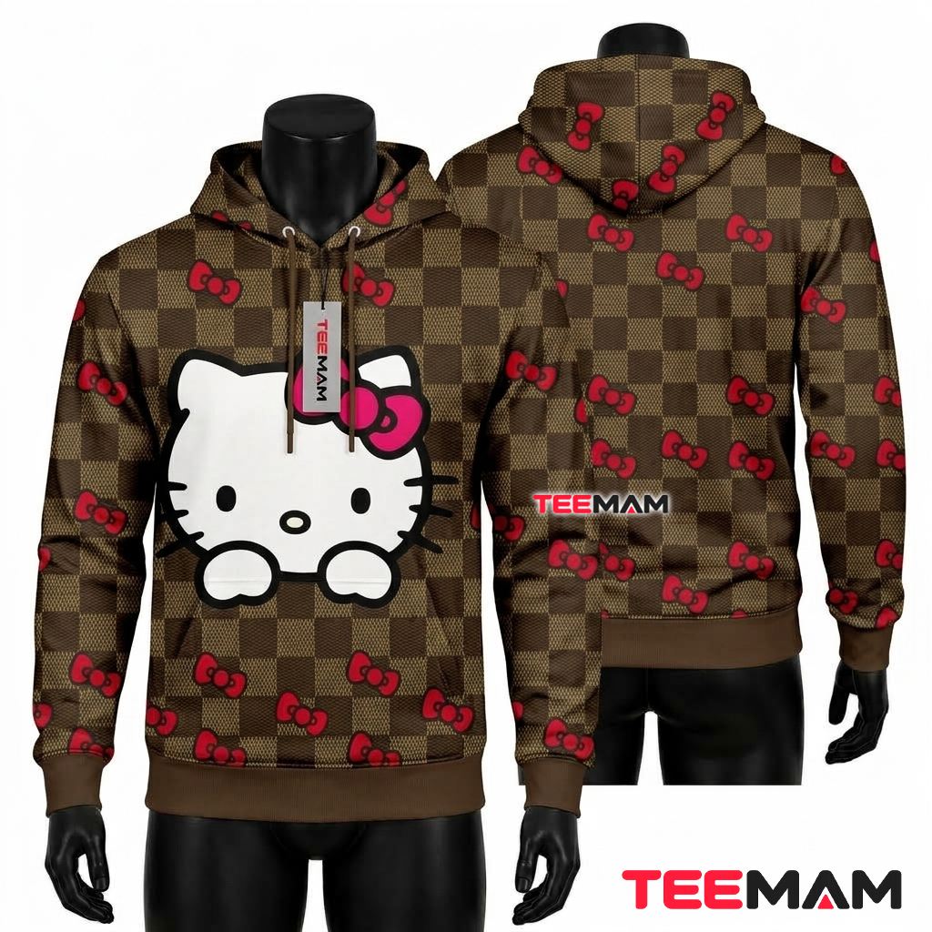 Hello Kitty All Over Print 3D Hoodie Checkered Pink Bow Front