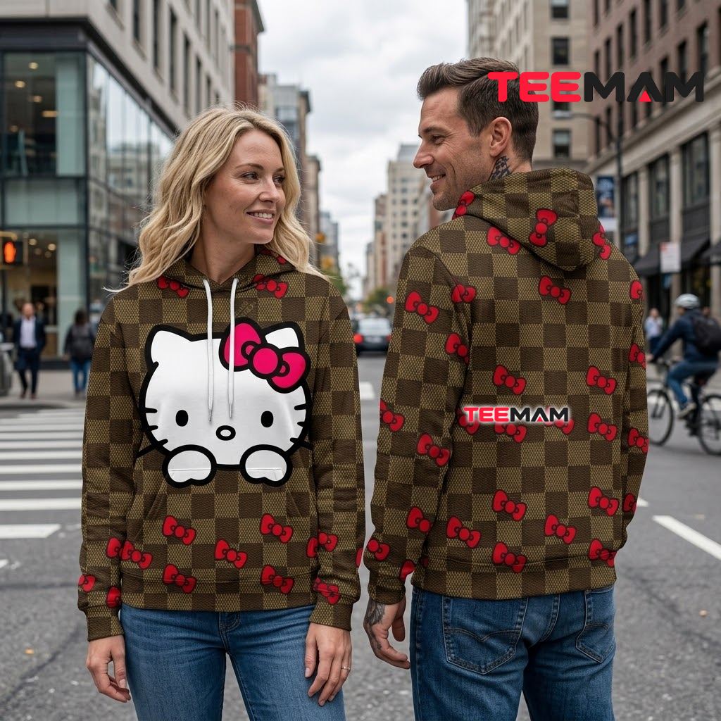 Hello Kitty All Over Print 3D Hoodie Checkered Pink Bow Back Hello Kitty All Over Print 3D Hoodie Checkered Pink Bow Back