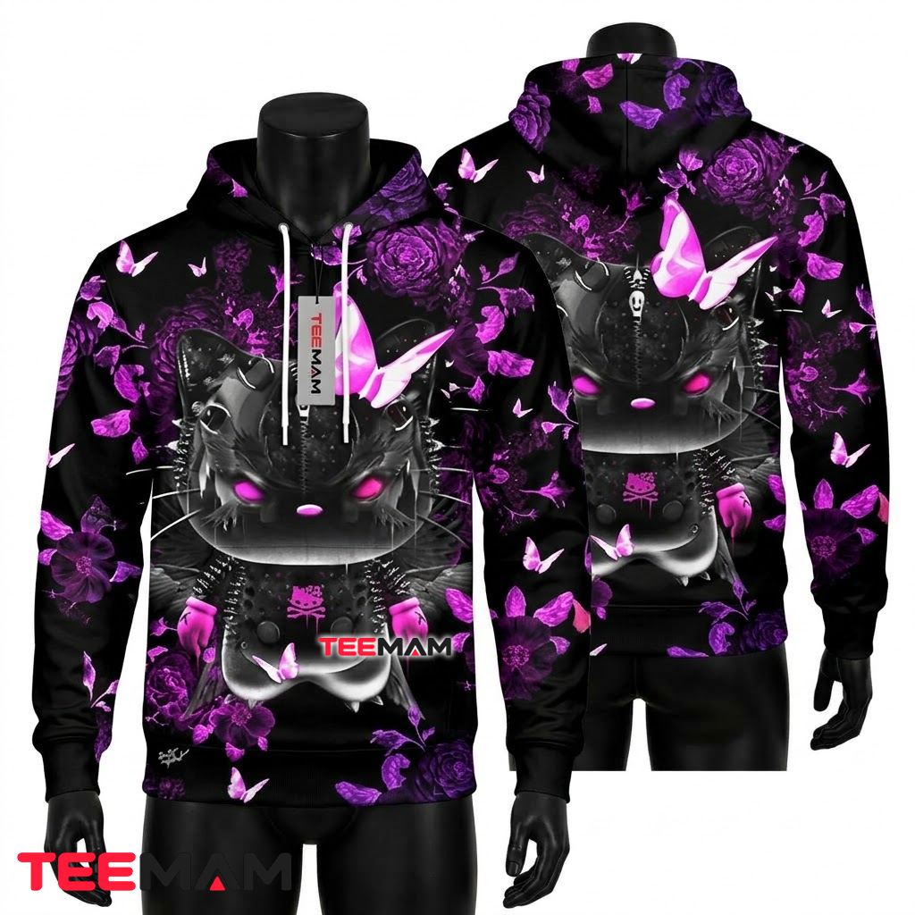 Hello Kitty All Over Print 3D Hoodie Dark Gothic Purple Butterfly Front