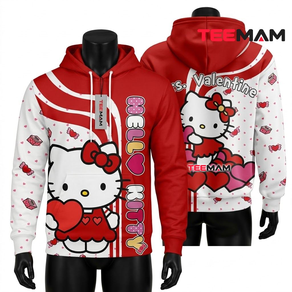 Hello Kitty All Over Print 3D Hoodie Mrs Valentine Red Heart Front